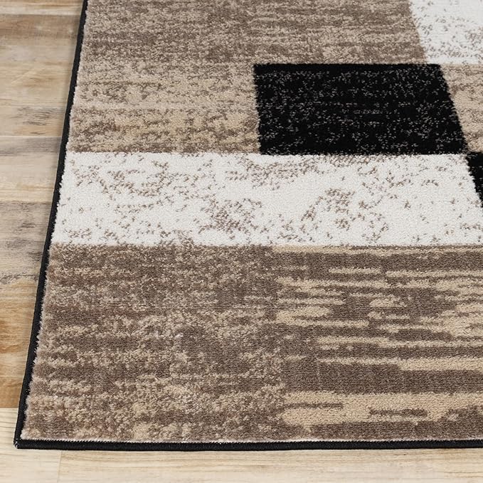Superior Indoor Area Rug, Jute Backed, Modern Geometric Patchwork Floor Decor for Bedroom, Office, Living Room, Entryway, Kitchen, Hardwood Floors, Rockwood Collection, 9' x 12', Ivory-Beige