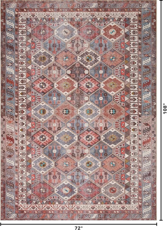 Kuden 6x9 Area Rug, Machine Washable Area Rug with Non-Slip Backing, Vintage Style, Soft, Easy Clean, Low Pile Rug for Living Room, Bedroom, Dining Room
