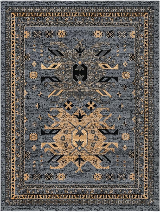 Unique Loom Taftan Collection Border Geometric Tribal Inspired Design Area Rug (8' 0 x 10' 0 Rectangular, Gray/ Black)