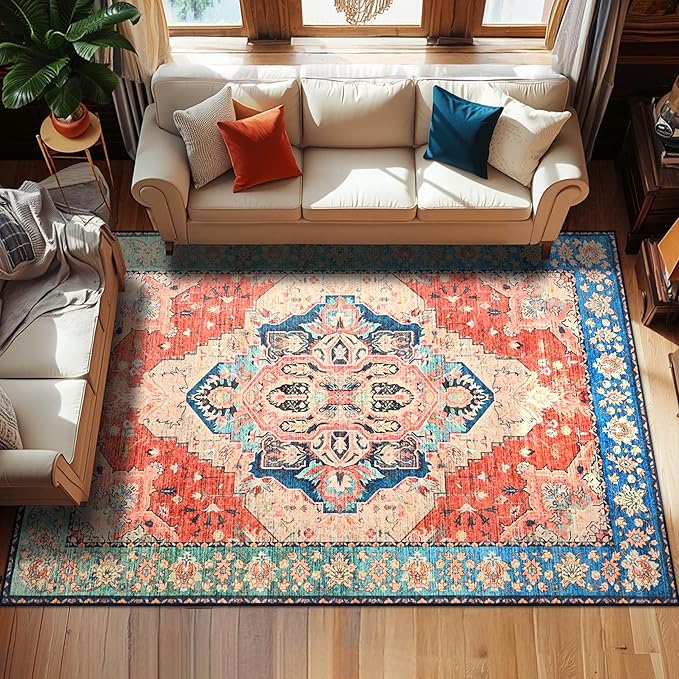 YJ.GWL Area Rugs for Living Room 6x9 Machine Washable Rugs, Non Slip Floral Vintage Rug Indoor Carpet, Stain Resistant Large Rug for Bedroom Dining Room, Red Blue Gradient Color