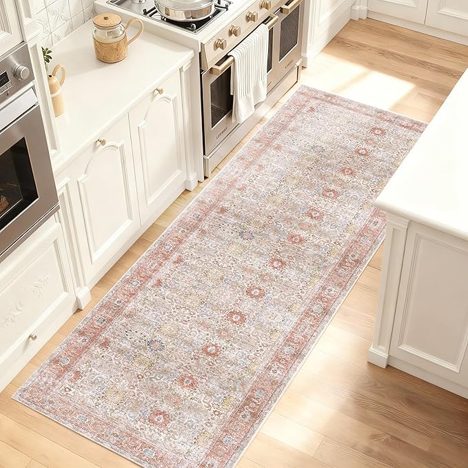 Kuden 2'6"x7' Runner Rug, Machine Washable Area Rug with Non-Slip Backing, Vintage Style, Soft, Easy Clean, Low Pile Rug for Hallway, Entryway, Kitchen, Bedroom