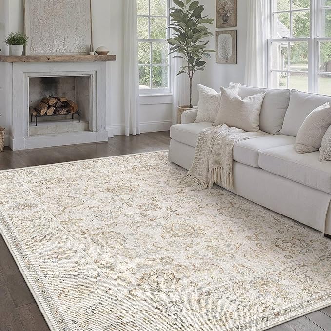HUGEAR 6x9 Machine Washable Area Rugs Vintage Grey - Neutral Living Room Bedroom Rug Non Slip Stain Resistant Low Pile Aesthetic Throw Carpet Kids & Pet Friendly