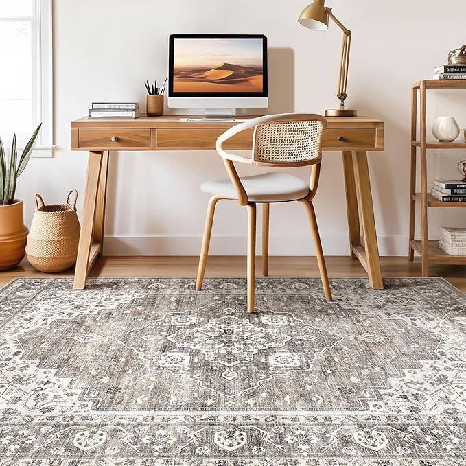 8x10 Area Rugs Living Room: Washable Boho Large Neutral Vintage Soft Rug Stain Resistant Farmhouse Non-Slip Indoor Rustic Floor Carpet for Bedroom Nursery Kids Playroom Office Dining Room- Dark Brown