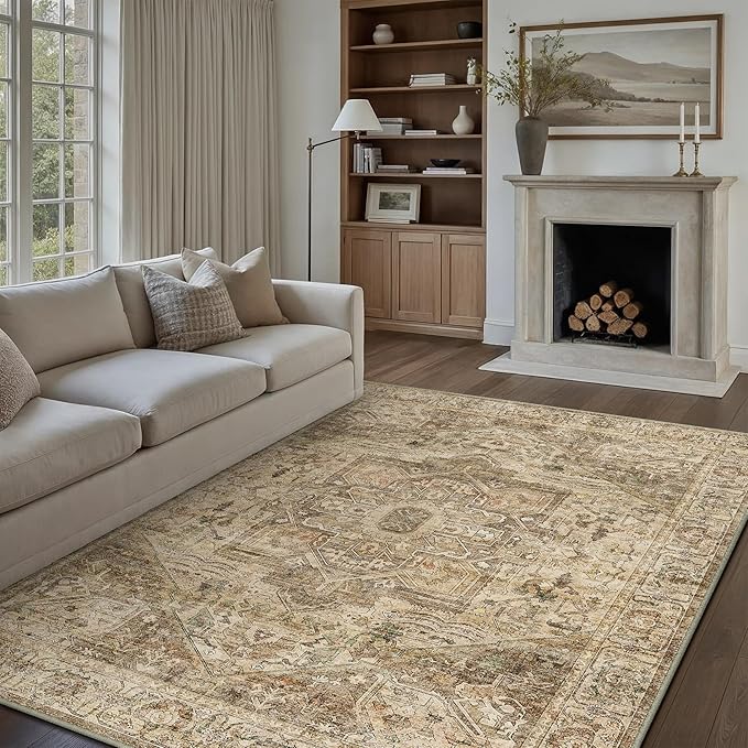 Brown Multi Area Rug 8x10 Vintage Washable Distressed Living Room Carpet Large Indoor Non Slip Traditional Medallion Retro Low Pile Accent Throw Rug Bedroom Kitchen Office Dining Room