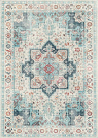 GENIMO 9x12 Area Rugs for Living Room, Machine Washable Non Slip Vintage Rugs, Low Pile Lightweight Chenille Print Rug for Bedroom, Dining Room, Home Office, Turquoise