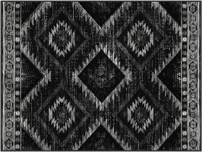 Area Rug 6x8 Rug Machine Washable Non-Slip Low Pile Print Pattern Western Rug for Living Room Bedroom Entryway Tribal Series-Black