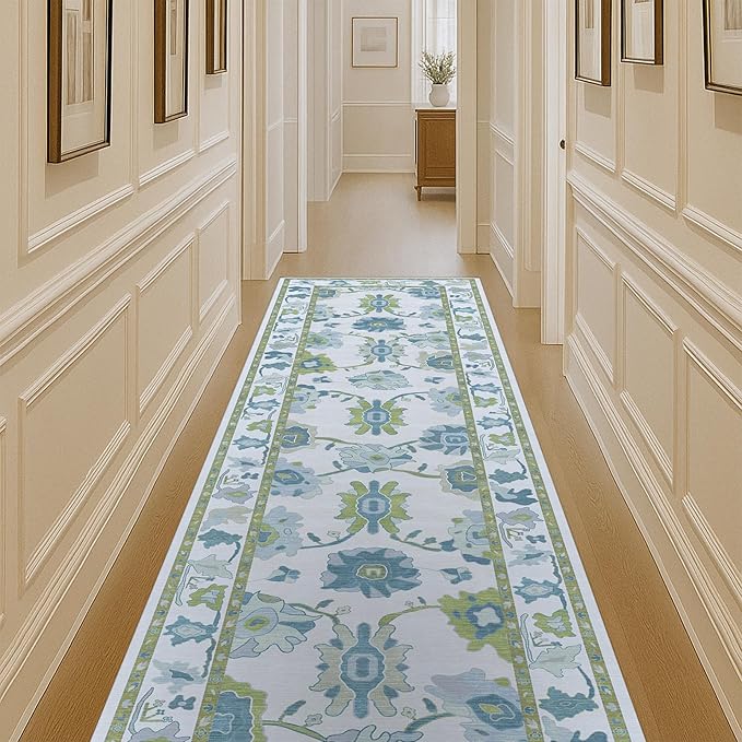 Fame Living Green Oushak Runner Rug, Modern Runners, Vintage, Turkish, Eclectic, Floral, Pastel, Washable, Runner for Hallway, Kitchen, Bedroom, Bathroom, 2'5"x9'8"