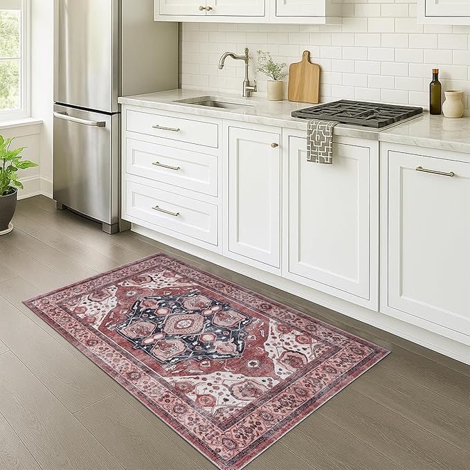 Fame Rugs Turkish Rug. Washable Vintage Oriental Antique Inspired Traditional Doormat Small Modern Area Rugs Luxury Entryway Entry Bedroom Bathroom Kitchen (404RR, 2'5 x 5')