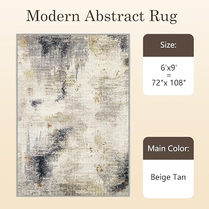 6x9 Washable Area Rugs - Modern Abstract Rugs for Living Room Non-Slip Low Pile Soft Machine Washable Carpet for Bedroom, Dining Room, Nursery, Home Office, Farmhouse (6'x9' Beige Tan)