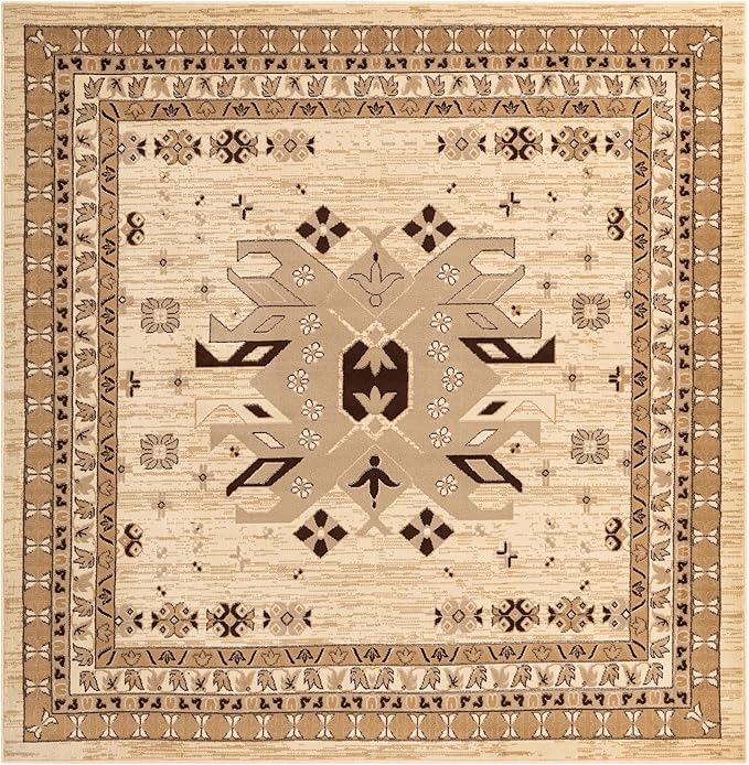 Unique Loom Taftan Collection Border Geometric Tribal Inspired Design Area Rug (8' 0 x 8' 0 Square, Ivory/ Tan)