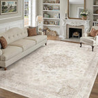 Beige Area Rug 8x10 Washable Vintage Carpet for Living Room Bedroom Large Soft Retro Low Pile Thin Indoor Rug Non Slip Oriental Medallion Floor Cover for Dining Room Office