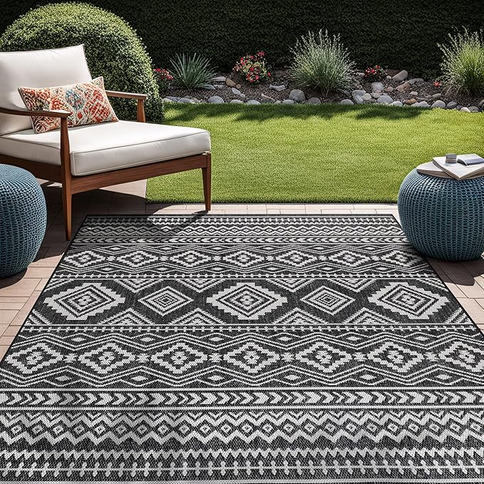 Beverly Rug Waikiki Boho Indoor Outdoor Rug 5x7, Washable Outside Carpet for Patio, Deck, Porch, Bohemian Area Rug, Farmhouse Rugs, Aztec Tribal Rug, Black and White