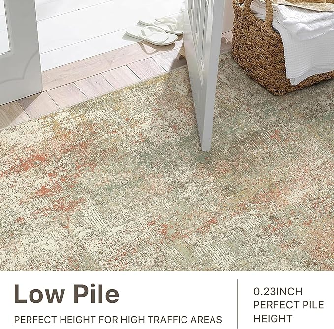 Washable Rug 8x10 Area Rug for Living Room Bedroom, Large Modern Abstract Rug Indoor Floor Carpets Low Pile No Shed Non-Slip with Rubber Backing Dining Room Kitchen Office (Teal&Coral, 8'x10')