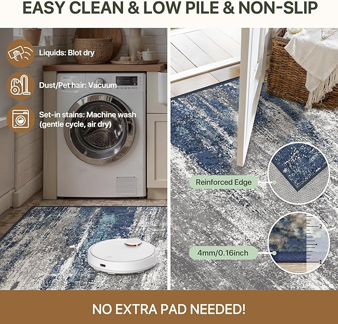 Bavni Area Rugs 9x12 Living Room, Modern Machine Washable Rugs Non-Slip, Modern Soft Large Rug for Bedroom, Dining Room, Office, Playroom, Blue/Ivory