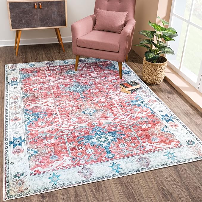 Bloom Rugs Washable Non-Slip 4' x 6' Rug - Red/Blue Traditional Area Rug for Living Room, Bedroom, Dining Room, and Kitchen - Exact Size: 4' x 6'