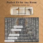 Washable Rugs 5x7 Area Rugs for Living Room, Thin Carpet for Bedroom, Soft Faux Wool Retro Dining Room Rug，Non Slip&Non-Shedding Resistant Low Pile Vintage Print Rug for Home Office (Tan/Gray)