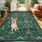Green Boho Floral 3x5 Rugs for Large Entryway, Farmhouse Botanical Washable Area Rug for Dorm, Bedroom Bedside, Foyer, Kitchen, Laundry - Cottagecore Distressed Carpet, Low Pile Non Slip Mat