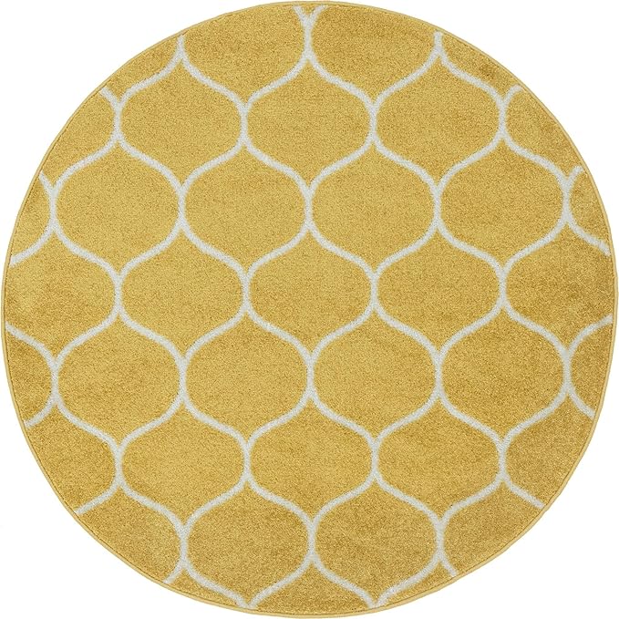 Rugs.com Lattice Frieze Collection Rug – 4' Round Yellow Medium Rug Perfect for Kitchens, Dining Rooms