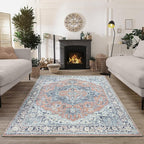 Bloom Rugs Washable Non-Slip 6' x 9' Rug - Coral/Blue Traditional Medallion Area Rug for Living Room, Bedroom, Dining Room, and Kitchen - Exact Size: 6' x 9'