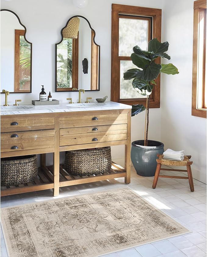 RUGGABLE Washable Vintage Area Rug – Sarrah Hazel 3x5, Stain-Resistant, Non-Slip – Small Machine Washable Rugs for Living Room, Bedroom, Hallway, Entryway & Office–with Cushioned Pad