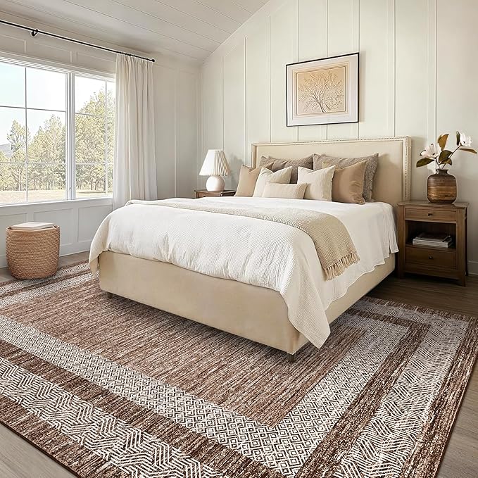 GarveeHome Large Washable Rug 9x12 Modern Geometric Non Slip Distressed Bordered Printed Rug, Soft Non Shedding Indoor Carpet, Low Pile Thin Foldable Mats for Open Spaces Offices, Brown