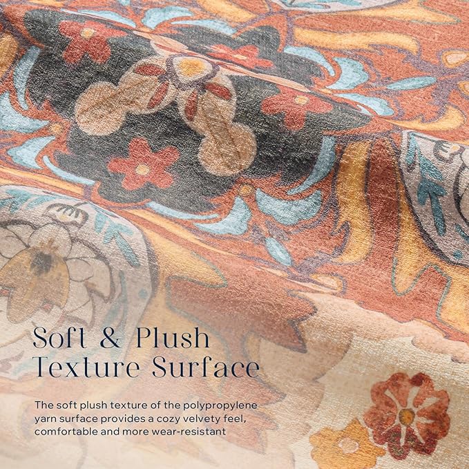 Phantoscope Washable Runner Rug 2'x10' Non-Slip, Vintage Boho Hallway Rugs for Entryway, Stair, Bedroom, Fall Orange Floral Medallion Pattern, Low-Pile Foldable Floor Carpet, Rust/Multi Floral