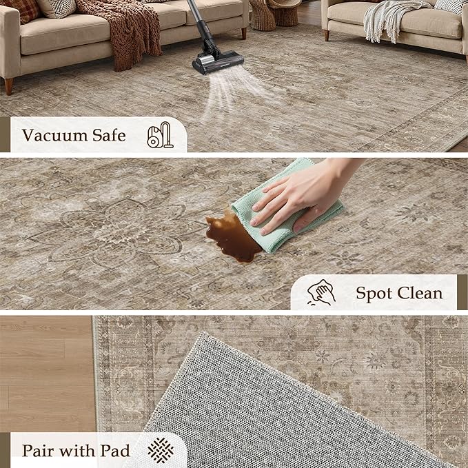 HUGEAR Washable Hallway 2x8 Runner Rugs Retro Brown Vintage Distressed Non Slip Stain Resistant Low Pile Neutral Throw Carpet for Bedside Kitchen Entryway Home Decor