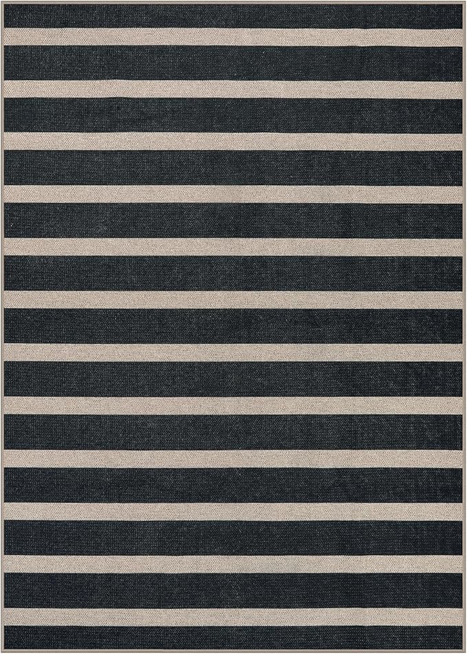 Lahome Striped Easy Jute Indoor Outdoor Rug, Washable Rugs 5x7 for Patio Living Room, Farmhouse Neutral Non Slip Non Shedding Black Carpet for Deck Entryway Dining Room Office Classroom