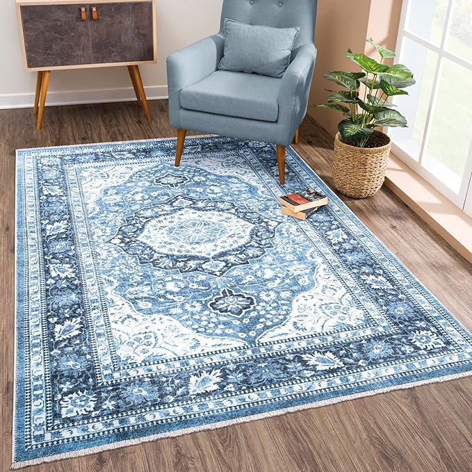 Bloom Rugs Caria Washable Non-Slip 3x5 Rug - Blue Traditional Area Rug for Living Room, Bedroom, Dining Room, and Kitchen - Exact Size: 3' x 5'