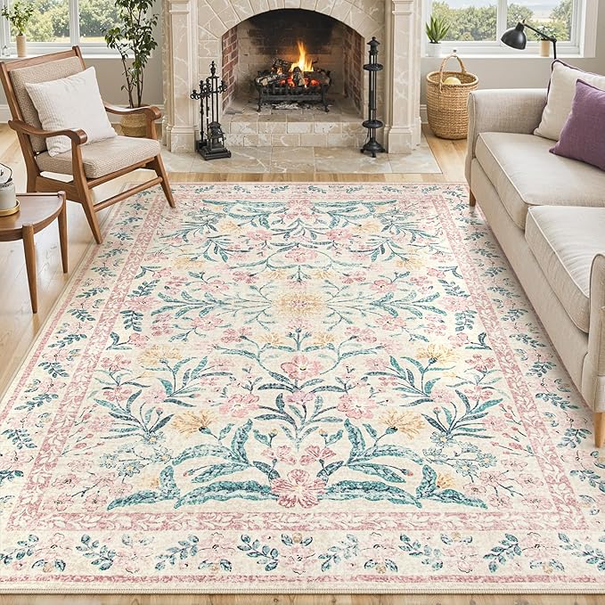Lahome Large Rugs for Living Room, Boho Machine Washable 8x10 Area Rugs Girls Bedroom Decor, Ultra-Thin Soft Distressed Floral Carpets Non Slip for Office Dining Room, Pink/Multi
