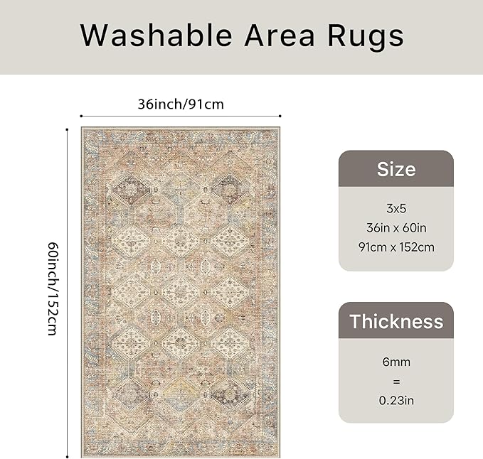 Bavni 3x5 Area Rugs for Living Room, Machine Washable Rug Non Slip, Vintage Chenille Distressed Print Carpet, Large Low Pile Ultra-Thin Lightweight Rugs for Bedroom, Dining Room, Office, Wood Brown