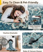 Area Rugs 10'x14' Washable Non-Slip, Floral Vintage Distress Print Pattern Medallion Carpet for Living Room Bedroom Dining Room, Teal Green Lake Blue Turquoise