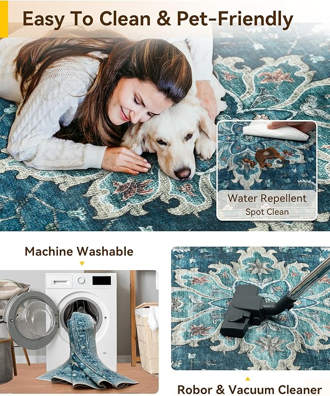 Area Rugs Square 7ft Washable Non-Slip, Floral Vintage Distress Print Pattern Medallion Carpet for Living Room Bedroom Dining Room, Teal Green Lake Blue Turquoise