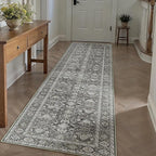 Black Runner Rug 2'6"x12' Vintage Area Carpet Hallway Long Indoor Kitchen Washable Living Room Low Pile Traditional Distressed Retro Accent Rug Non Slip Laundry Bathroom Office Dining Room