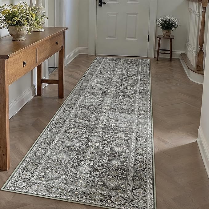 Black Runner Rug 2x7 Vintage Area Carpet Hallway Long Indoor Kitchen Washable Living Room Low Pile Traditional Distressed Retro Accent Throw Rug Non Slip Laundry Bathroom Office Dining Room