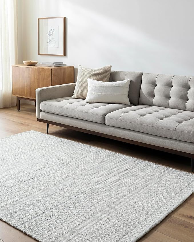 Mark&Day Wool Rugs, 5x8 Precious Solid and Border Cream/Charcoal Area Rug, Cream Grey Carpet for Living Room, Bedroom or Kitchen (5' x 7'6")