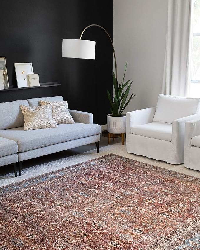 Loloi Layla Collection LAY-01 Brick/Blue 3'-6" x 5'-6" .13" Thick Accent Rug, Soft, Durable, Vintage Inspired, Distressed, Low Pile, Non-Shedding, Easy Clean, Printed, Living Room Rug