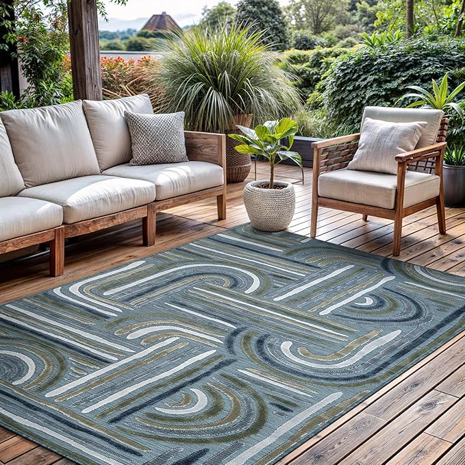 CAMILSON Indoor Outdoor Rug, Aqua 6x9 Geometric Arch Striped Area Rugs for Patio and Home Areas, Easy-Cleaning Non-Shedding Living Room, Garden and Deck Washable Outside Carpet (6 x 9)