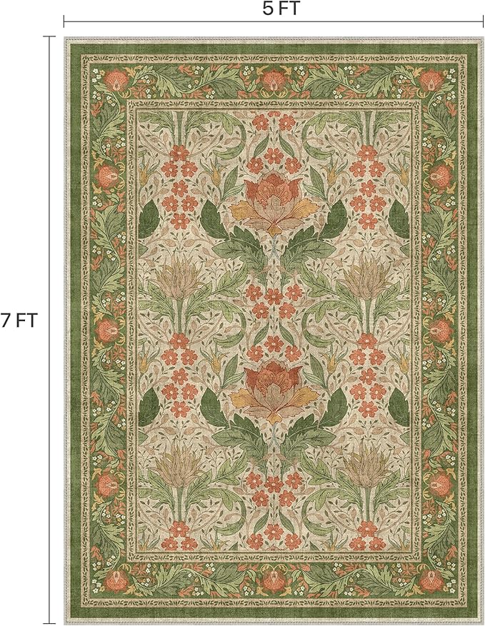 Bavni 5x7 Area Rugs for Living Room, Microfiber Machine Washable Non-Slip Vintage Floral Rug, Low Pile Lightweight Carpet for Bedroom, Dining Room, Home Office, Sage Green & Burnt Orange