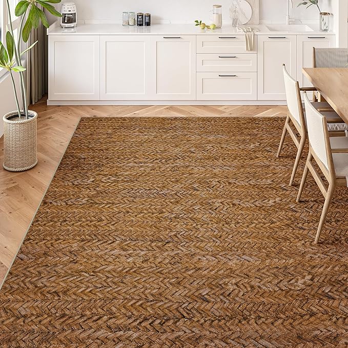 Eleisa Modern Vintage 6x9 Herringbone Chevron Area Rug for Living Room, Brown, Non-Slip Stain Resistant Washable Rug, Farmhouse Home Decor Carpet for Bedroom, Kitchen, Dining Room