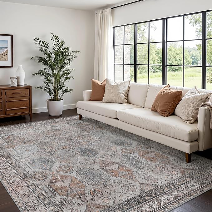 Bavni Washable Rug 9x12 Area Rug for Living Room Bedroom Dining, Washable Vintage Print Carpet, Ultra-Thin Chenille Low Pile Lightweight Rug with Non Slip Backing, Retro Grey