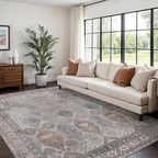 Bavni Washable Rug 6x9 Area Rug for Living Room Bedroom Dining, Washable Vintage Print Carpet, Ultra-Thin Chenille Low Pile Lightweight Rug with Non Slip Backing, Retro Grey