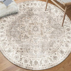 ReaLife Rugs Machine Washable Area Rug - Living Room Bedroom Bathroom Kitchen Entryway Office - Padded Low Pile Stain Resistant Premium - Boho Farmhouse Vintage - Joy - Beige Ivory 6' Round