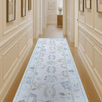 Fame Living Cream Blue Oushak Runner Rug, Modern Runners, Turkish, Eclectic, Floral, Pastel, Washable, Small Rugs, Short Runner for Hallway, Entryway, Laundry, Bedroom, Kitchen, Bathroom, 2'5"x6'5"