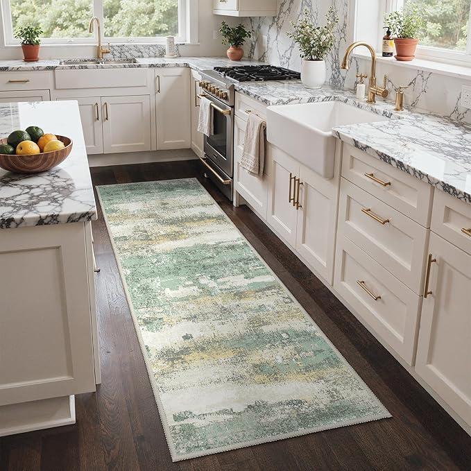 GENIMO Runner Rug Non Slip 2'6"x7', Washable Rug Runner for Hallways Kitchen, Abstract Modern Kitchen Rugs, Low Pile Lightweight Carpet Runners for Entryway, Bedroom, Laundry, Light Green