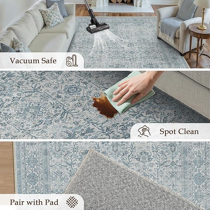 Blue Area Rug 2x3 Entryway Washable Soft Carpet Vintage Non Slip Indoor Kitchen Entrance Door Mat Traditional Retro Distressed Small Thicker Throw Rug Bathroom Laundry Bedroom