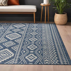 Beverly Rug Waikiki Boho Indoor Outdoor Rug 8x10, Washable Outside Carpet for Patio, Deck, Porch, Bohemian Area Rug, Farmhouse Rugs, Aztec Tribal Rug, Azure and White