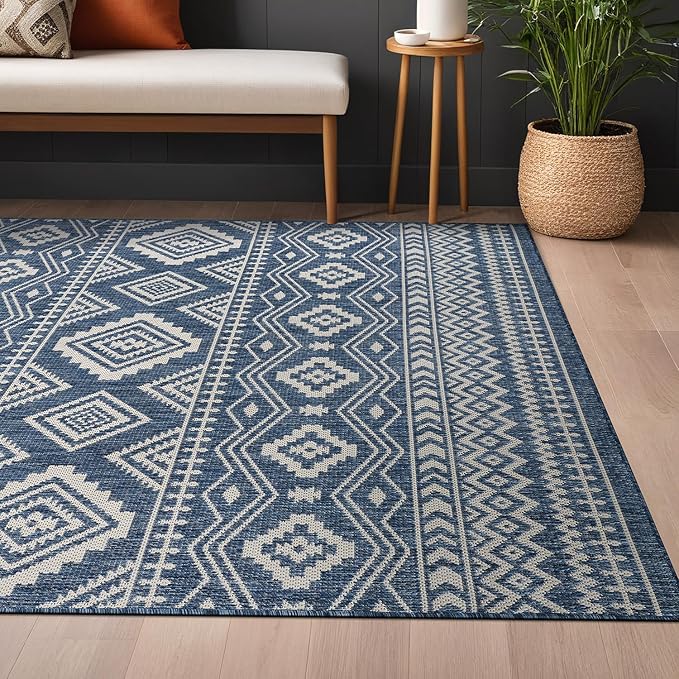 Beverly Rug Waikiki Boho Indoor Outdoor Rug 6x9, Washable Outside Carpet for Patio, Deck, Porch, Bohemian Area Rug, Farmhouse Rugs, Aztec Tribal Rug, Azure and White