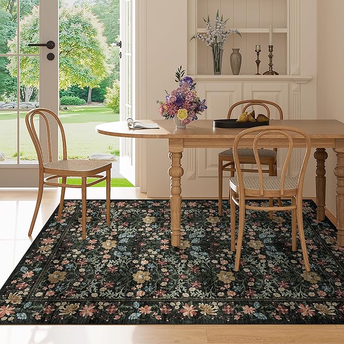 DUKINO 3x5 Area Rug, Vintage Floral Washable Rug for Bedroom with Non Slip Design, Soft Low Pile Indoor Small Carpet for Bedroom, Farmhouse, Living Room, Office, Bathroom, Black