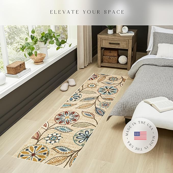 Maples Rugs Reggie Floral Runner Rug - Made in USA - Washable, Non Slip Indoor Carpet for Kitchen, Hallway, and Laundry Room, 2' x 9', Beige